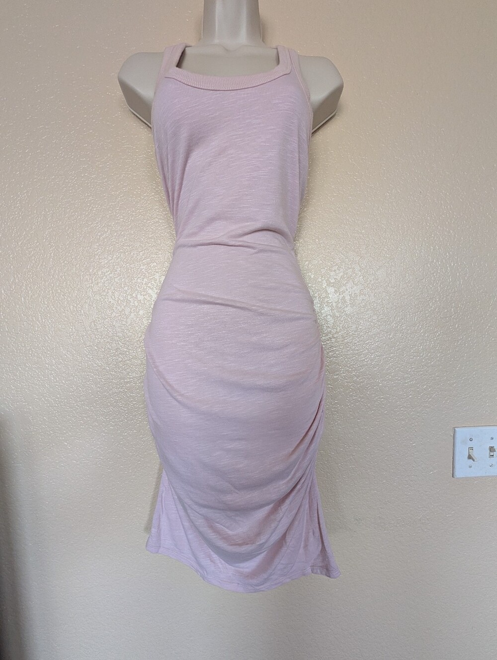 NWOT Pink Ruched Side Bodycon Tank Cotton Dress Midi Stretch S